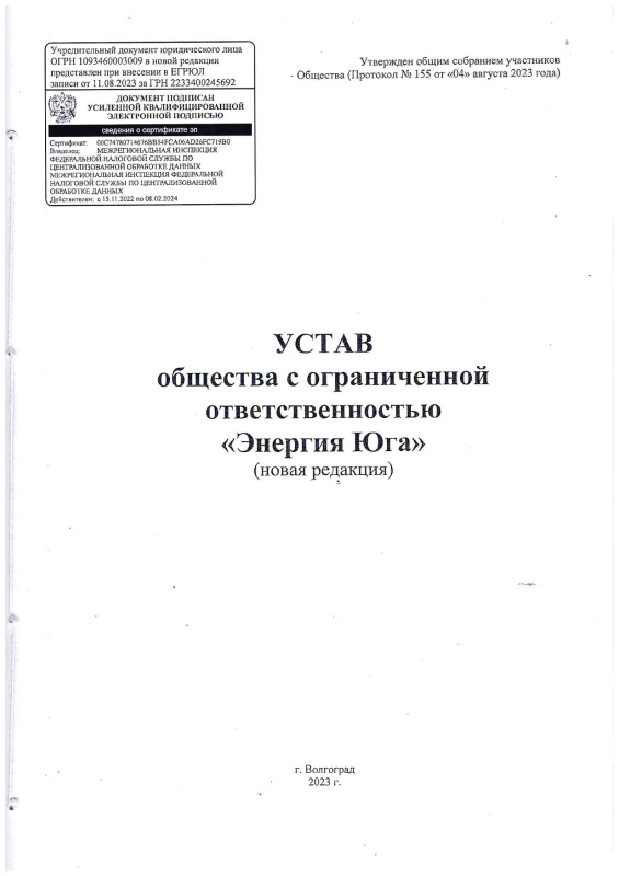 Устав ООО «Энергия Юга»